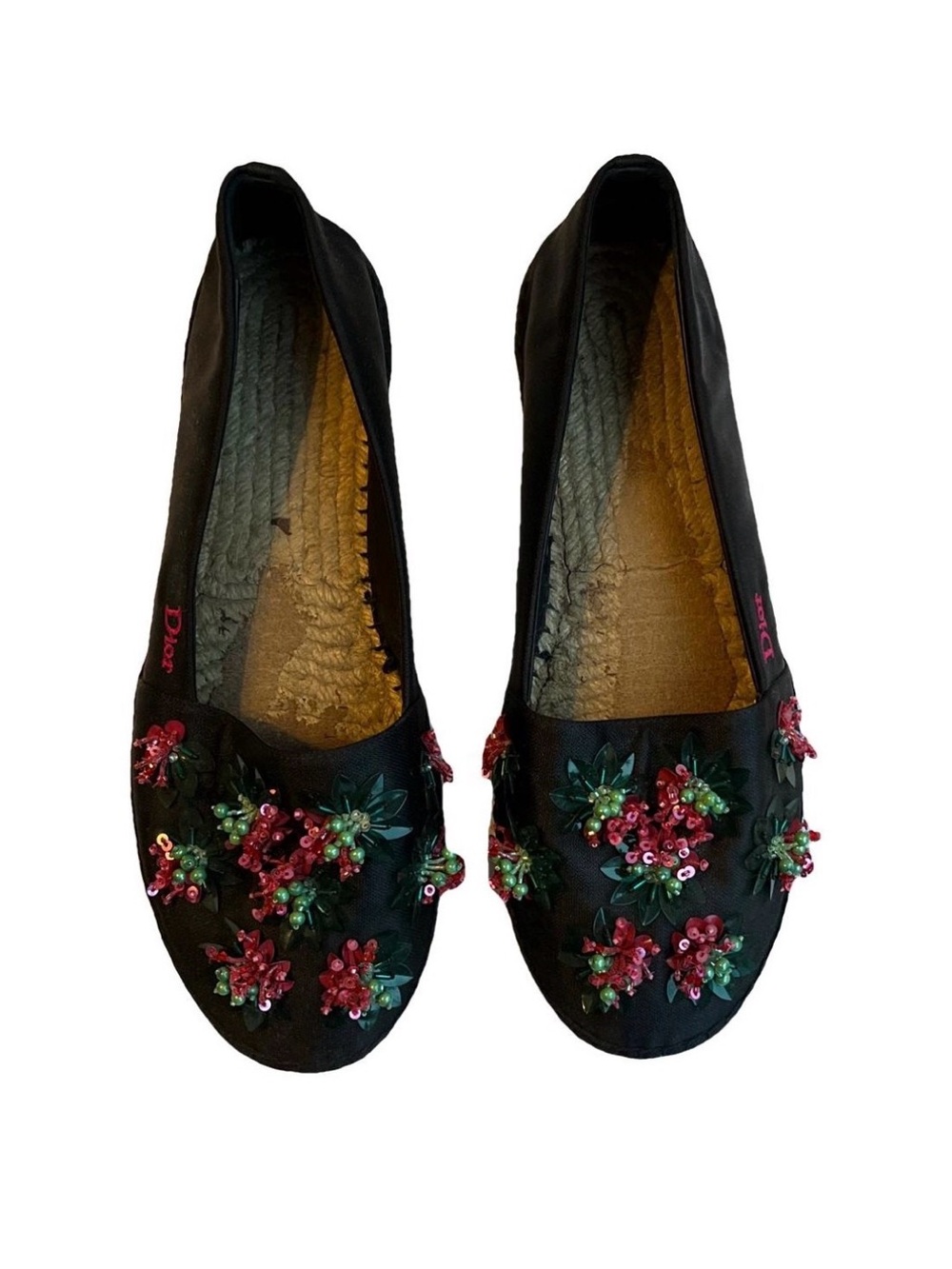 Dior Black Satin Floral Sequin Embellished Flats